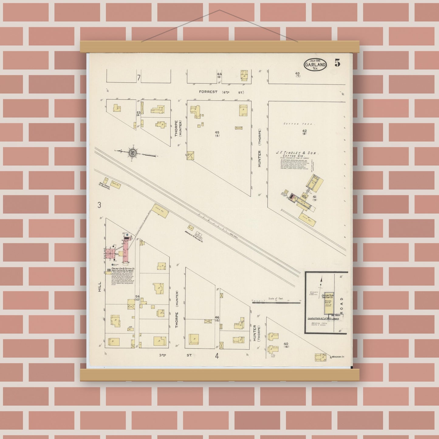 Old map wall art mockup — magnetic wood frame on brick wall — Sanborn Fire Insurance Map from Garland, Dallas County, Texas (1915), Sheet #0005
