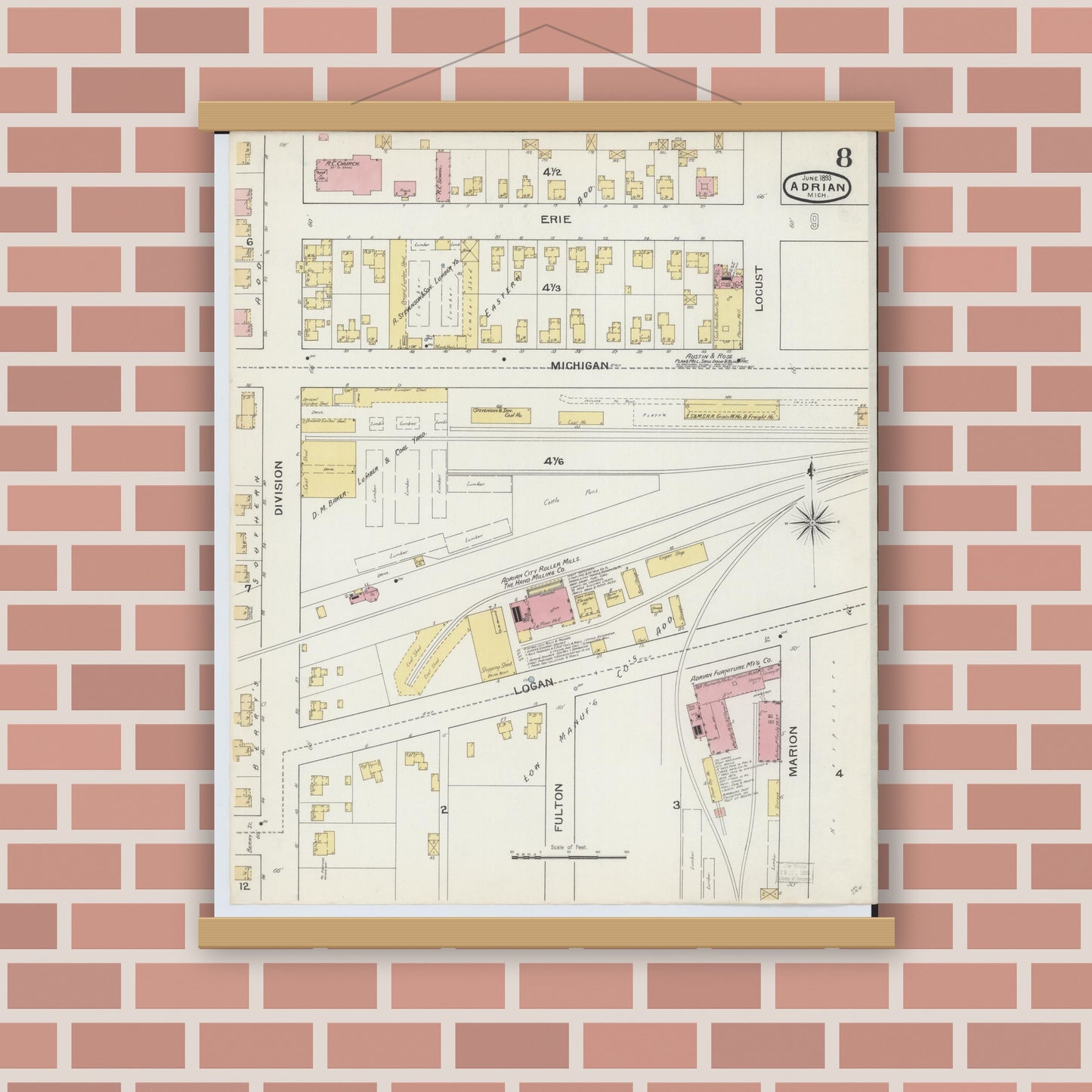 Old map wall art mockup — magnetic wood frame on brick wall — Sanborn Fire Insurance Map from Adrian, Lenawee County, Michigan (1893), Sheet #0008