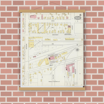 Old map wall art mockup — magnetic wood frame on brick wall — Sanborn Fire Insurance Map from Adrian, Lenawee County, Michigan (1893), Sheet #0008