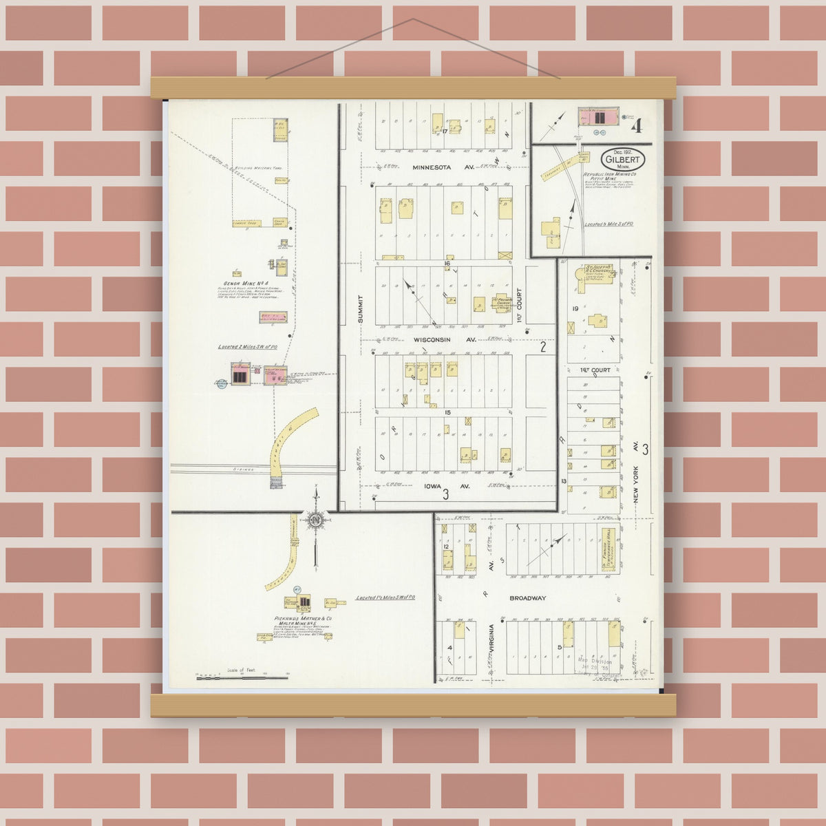 Old map wall art mockup — magnetic wood frame on brick wall — Sanborn Fire Insurance Map from Gilbert, Saint Louis County, Minnesota (1912), Sheet #0004