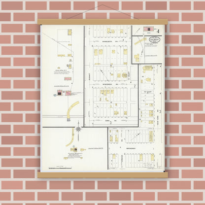 Old map wall art mockup — magnetic wood frame on brick wall — Sanborn Fire Insurance Map from Gilbert, Saint Louis County, Minnesota (1912), Sheet #0004