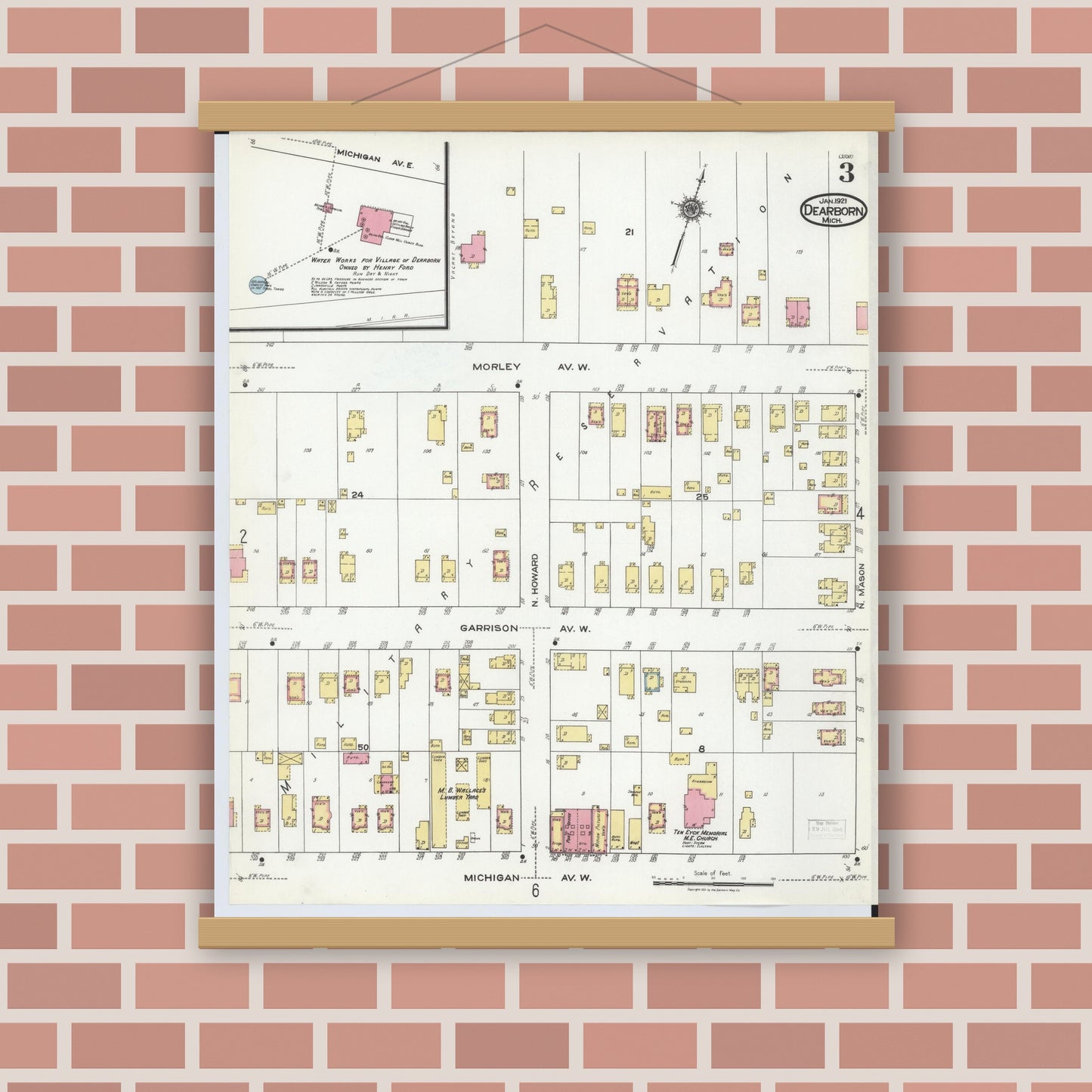 Old map wall art mockup — magnetic wood frame on brick wall — Sanborn Fire Insurance Map from Dearborn, Wayne County, Michigan (1921), Sheet #0003