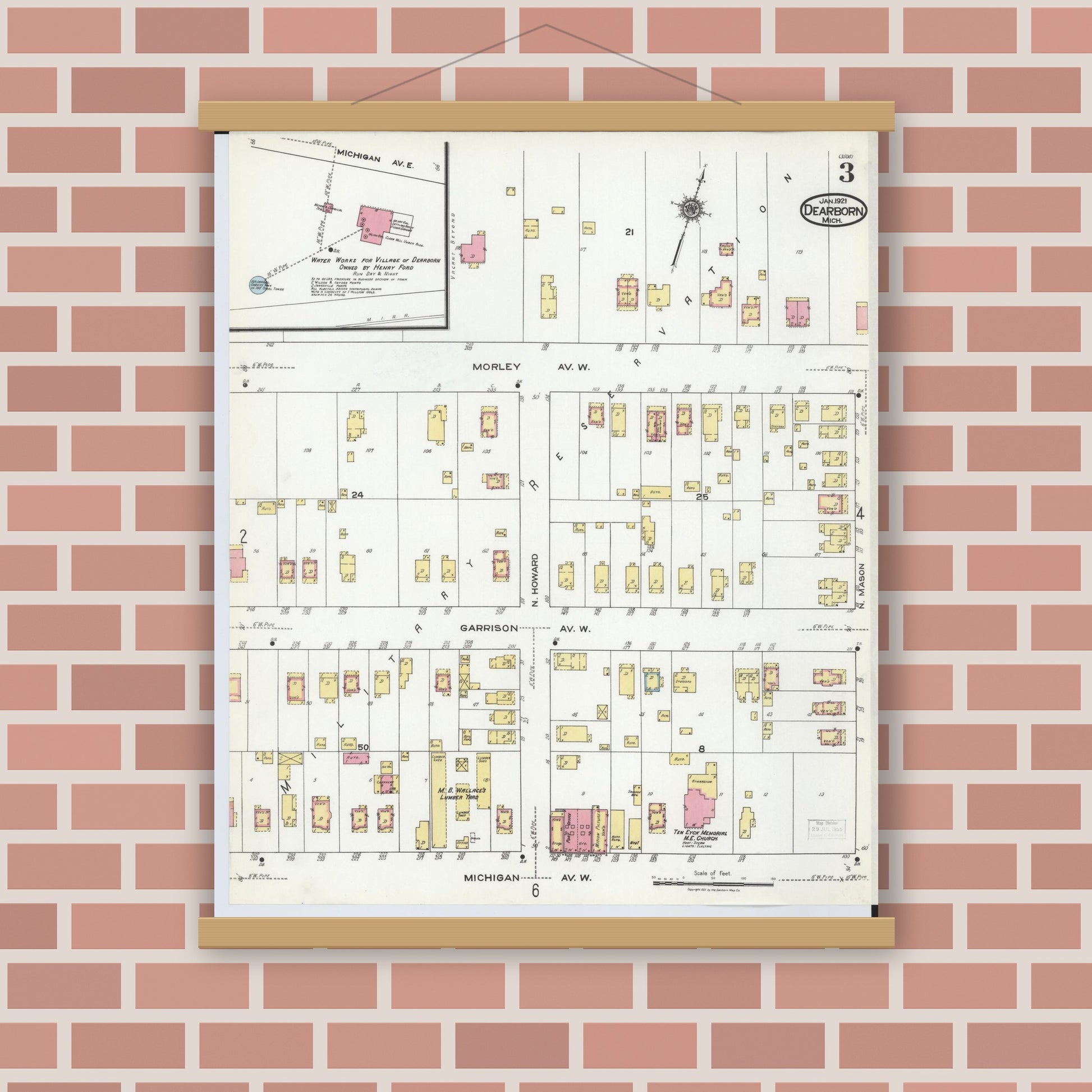 Old map wall art mockup — magnetic wood frame on brick wall — Sanborn Fire Insurance Map from Dearborn, Wayne County, Michigan (1921), Sheet #0003