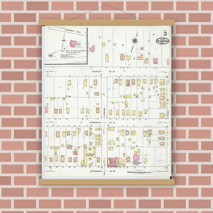 Old map wall art mockup — magnetic wood frame on brick wall — Sanborn Fire Insurance Map from Dearborn, Wayne County, Michigan (1921), Sheet #0003