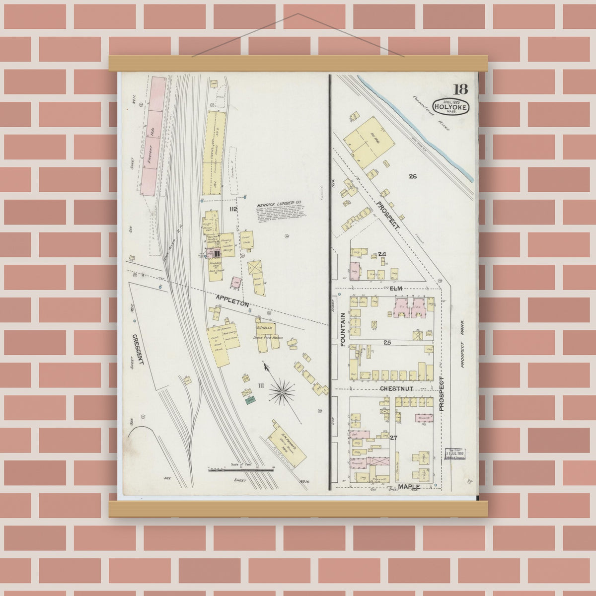 Old map wall art mockup — magnetic wood frame on brick wall — Sanborn Fire Insurance Map from Holyoke, Hampden County, Massachusetts (1889), Sheet #0018