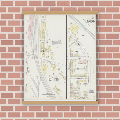 Old map wall art mockup — magnetic wood frame on brick wall — Sanborn Fire Insurance Map from Holyoke, Hampden County, Massachusetts (1889), Sheet #0018