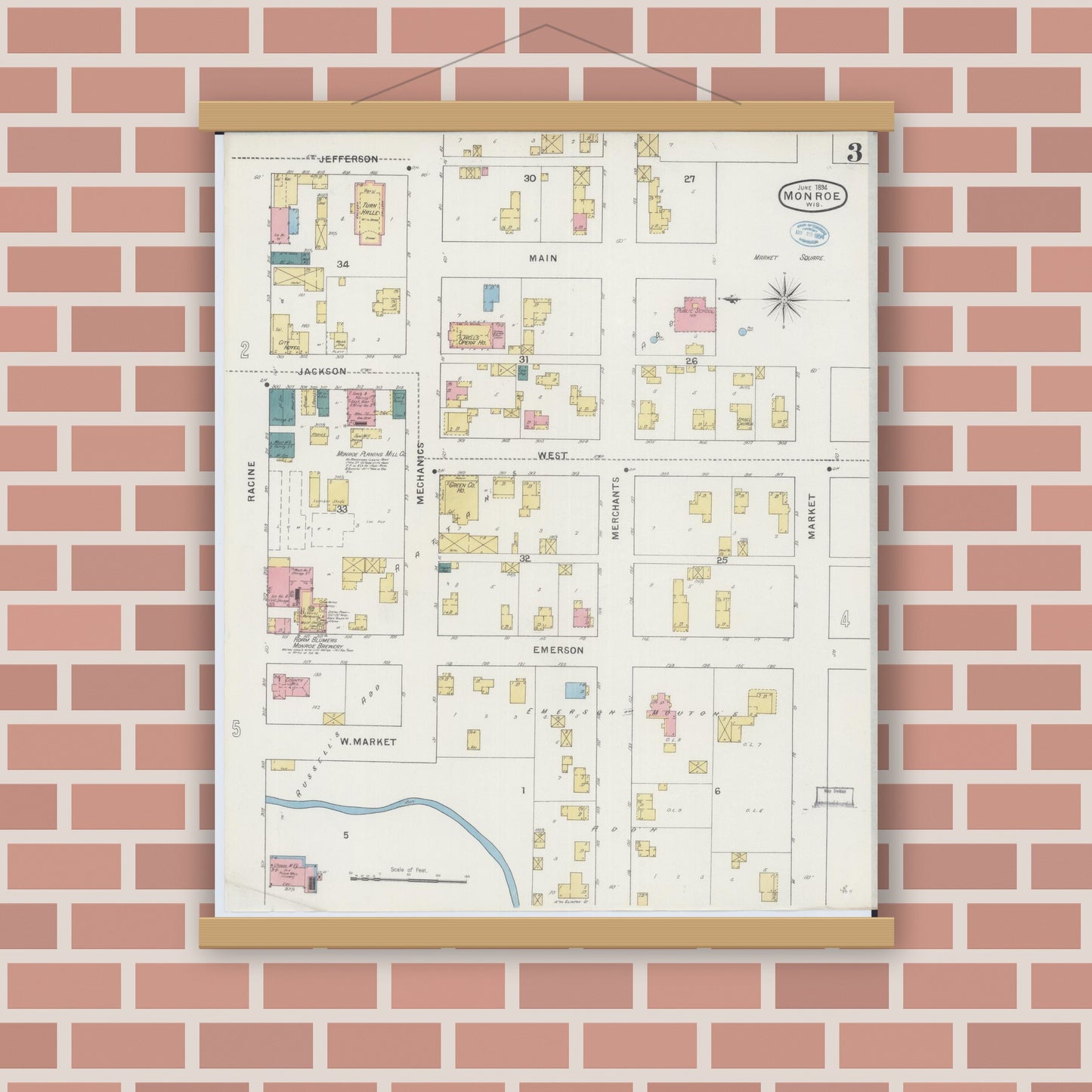 Old map wall art mockup — magnetic wood frame on brick wall — Sanborn Fire Insurance Map from Monroe, Green County, Wisconsin (1894), Sheet #0003