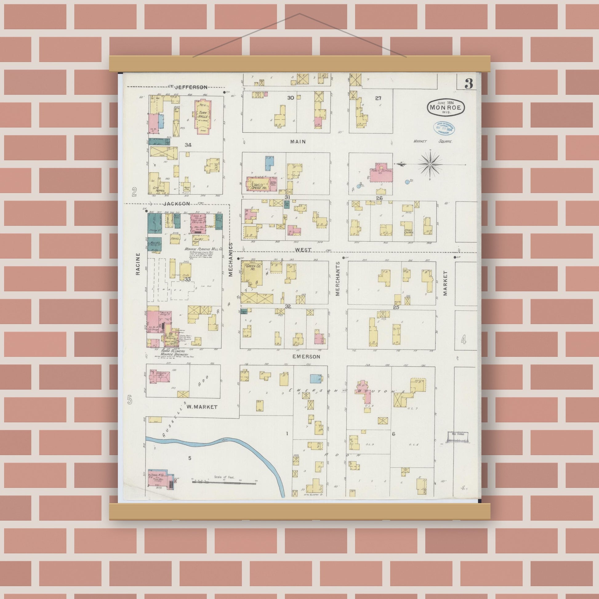 Old map wall art mockup — magnetic wood frame on brick wall — Sanborn Fire Insurance Map from Monroe, Green County, Wisconsin (1894), Sheet #0003