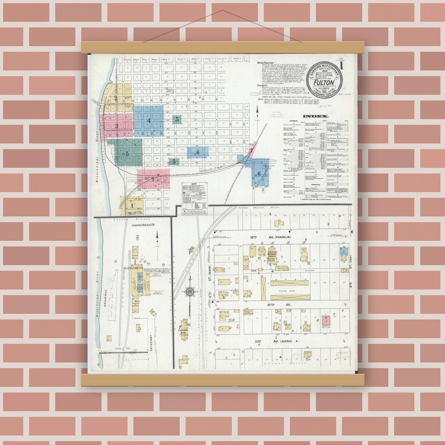 Old map wall art mockup — magnetic wood frame on brick wall — Sanborn Fire Insurance Map from Fulton, Whiteside County, Illinois (1912), Sheet #0001