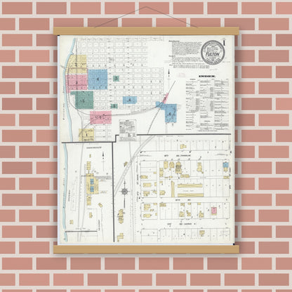 Old map wall art mockup — magnetic wood frame on brick wall — Sanborn Fire Insurance Map from Fulton, Whiteside County, Illinois (1912), Sheet #0001