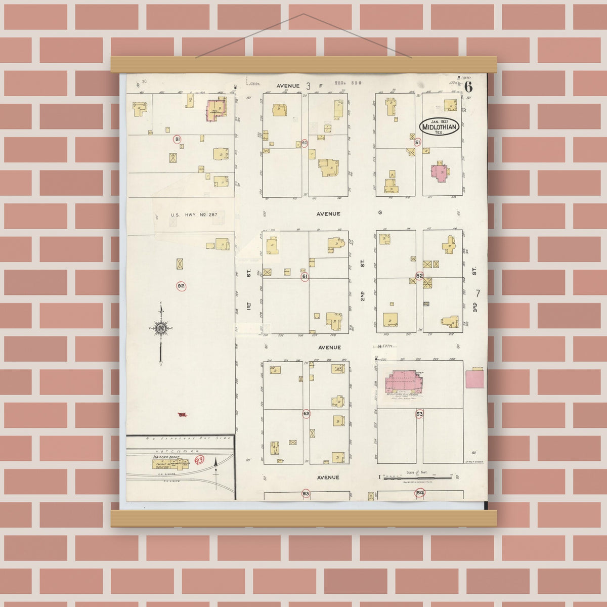Old map wall art mockup — magnetic wood frame on brick wall — Sanborn Fire Insurance Map from Midlothian, Ellis County, Texas (1944), Sheet #0006