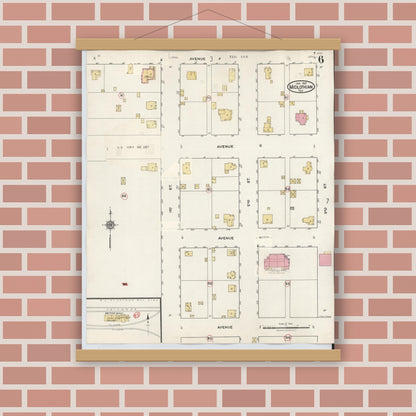 Old map wall art mockup — magnetic wood frame on brick wall — Sanborn Fire Insurance Map from Midlothian, Ellis County, Texas (1944), Sheet #0006