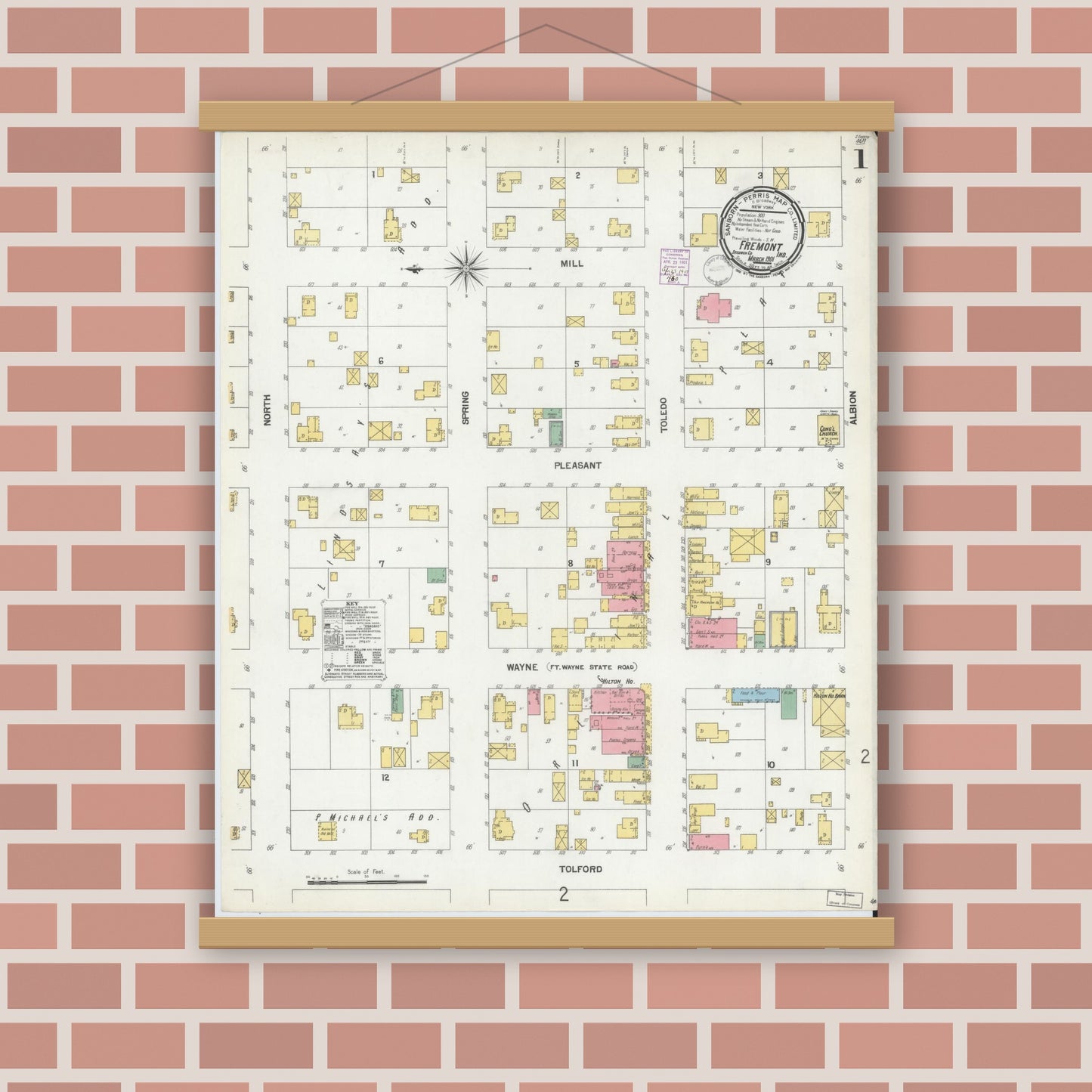 Old map wall art mockup — magnetic wood frame on brick wall — Sanborn Fire Insurance Map from Fremont, Steuben County, Indiana (1901) - Complete Map Set