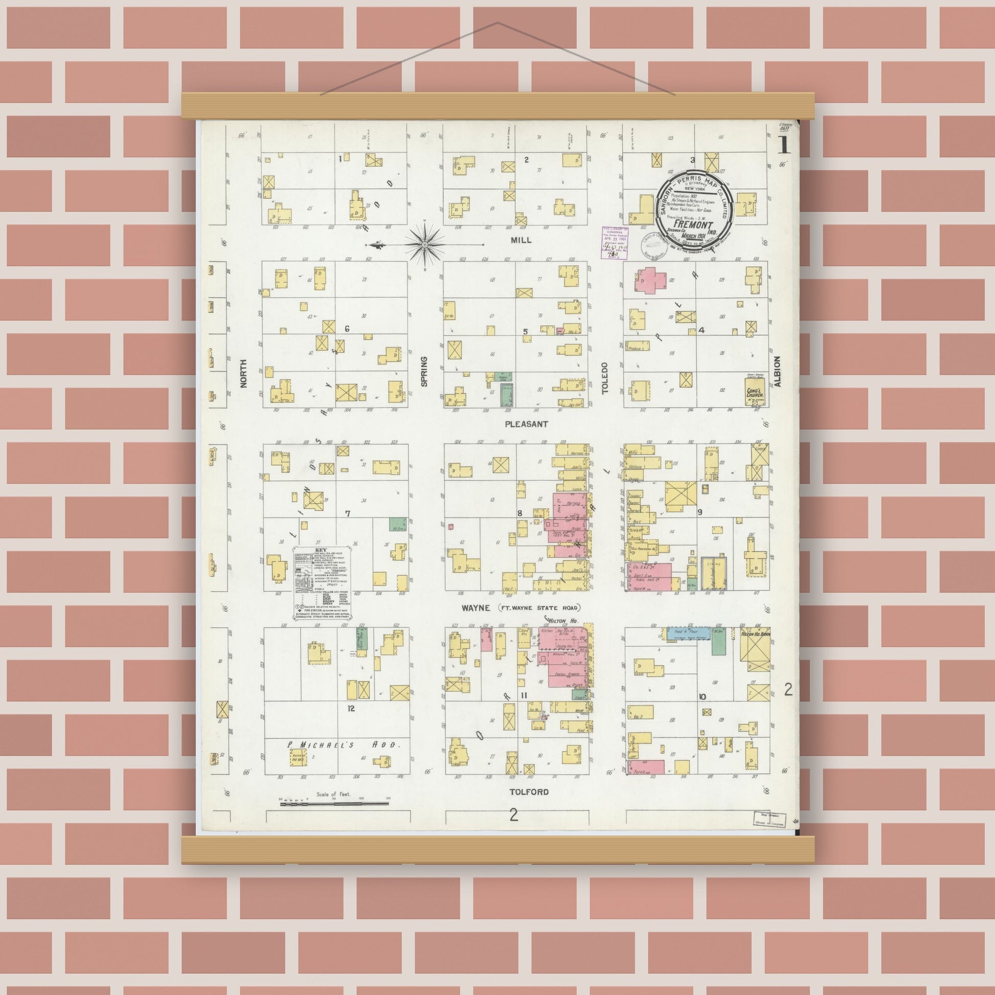 Old map wall art mockup — magnetic wood frame on brick wall — Sanborn Fire Insurance Map from Fremont, Steuben County, Indiana (1901) - Complete Map Set