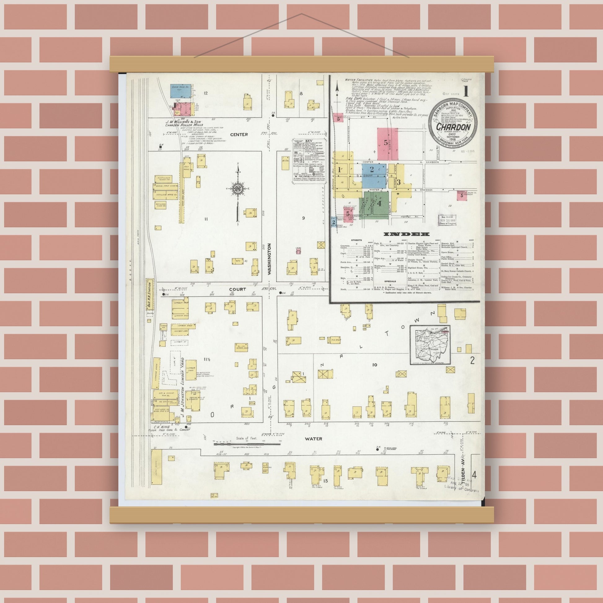 Old map wall art mockup — magnetic wood frame on brick wall — Sanborn Fire Insurance Map from Chardon, Geauga County, Ohio (1918), Sheet #0001