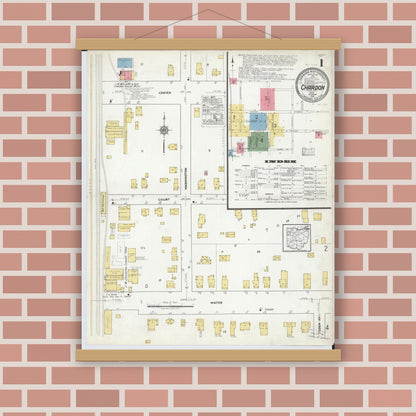 Old map wall art mockup — magnetic wood frame on brick wall — Sanborn Fire Insurance Map from Chardon, Geauga County, Ohio (1918), Sheet #0001