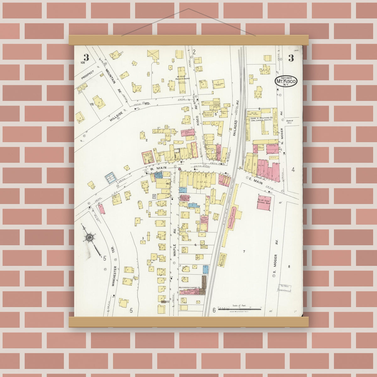 Old map wall art mockup — magnetic wood frame on brick wall — Sanborn Fire Insurance Map from Mount Kisco, Westchester County, New York (1925), Sheet #0003