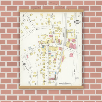 Old map wall art mockup — magnetic wood frame on brick wall — Sanborn Fire Insurance Map from Mount Kisco, Westchester County, New York (1925), Sheet #0003