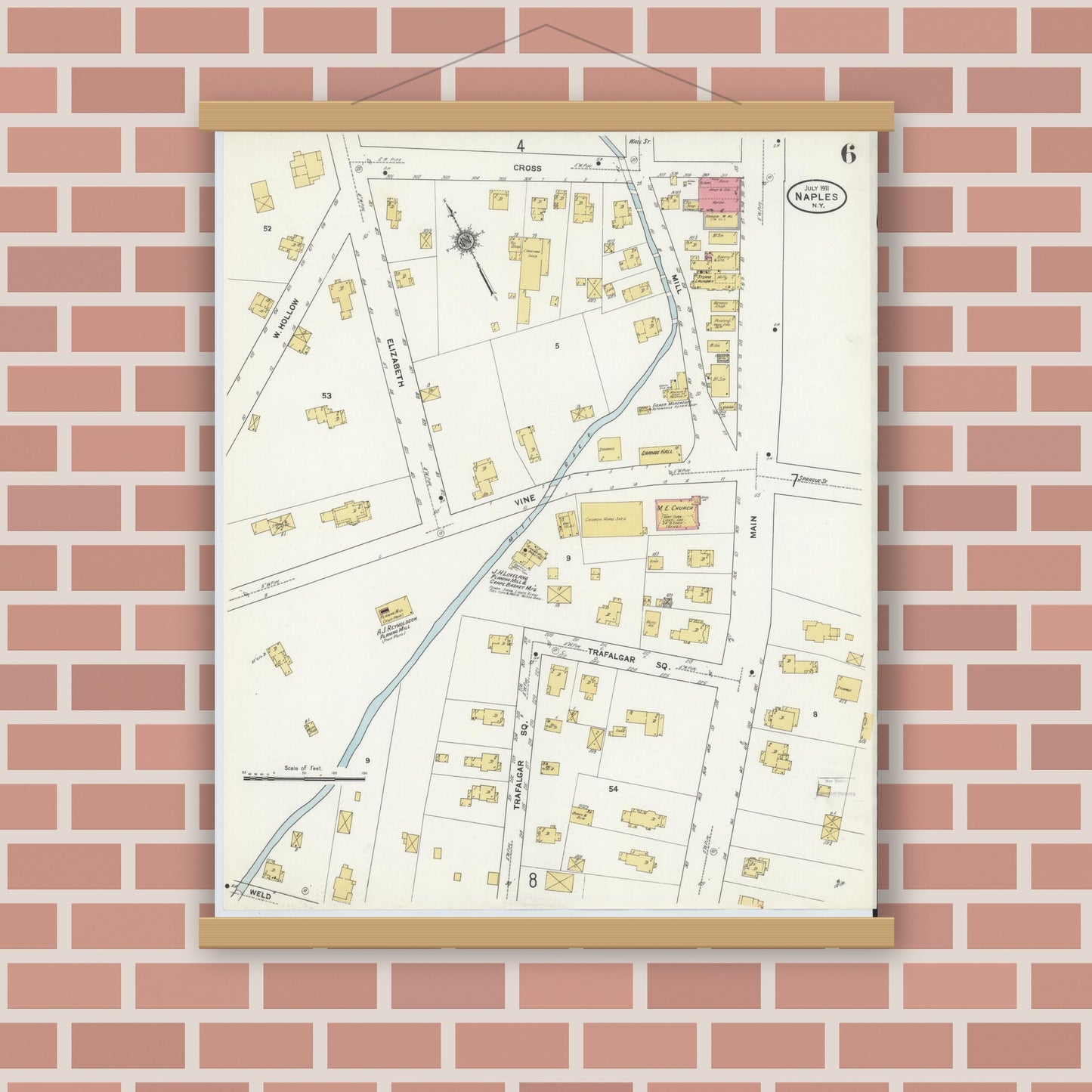 Old map wall art mockup — magnetic wood frame on brick wall — Sanborn Fire Insurance Map from Naples, Ontario County, New York (1911), Sheet #0006