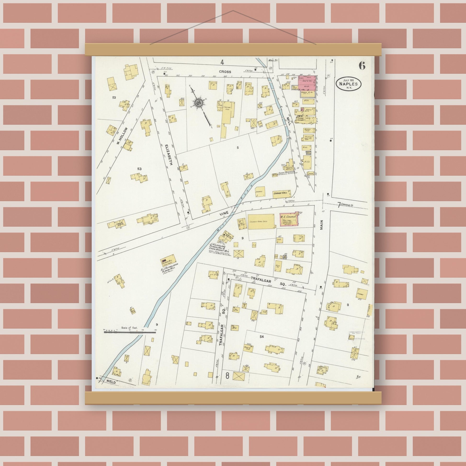Old map wall art mockup — magnetic wood frame on brick wall — Sanborn Fire Insurance Map from Naples, Ontario County, New York (1911), Sheet #0006