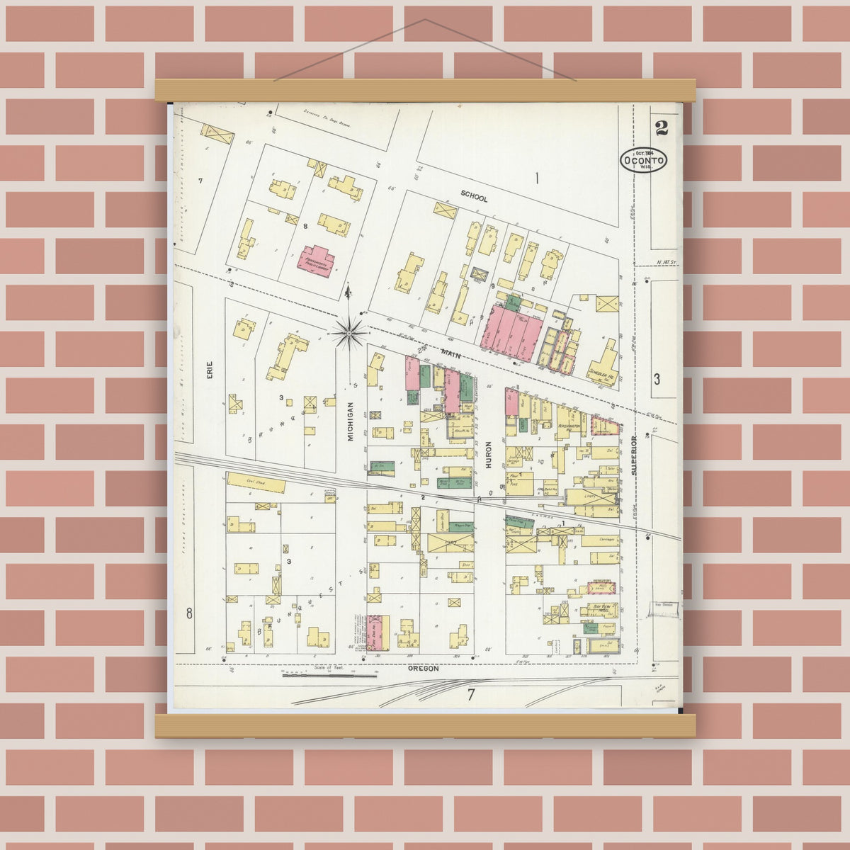 Old map wall art mockup — magnetic wood frame on brick wall — Sanborn Fire Insurance Map from Oconto, Oconto County, Wisconsin (1904), Sheet #0002