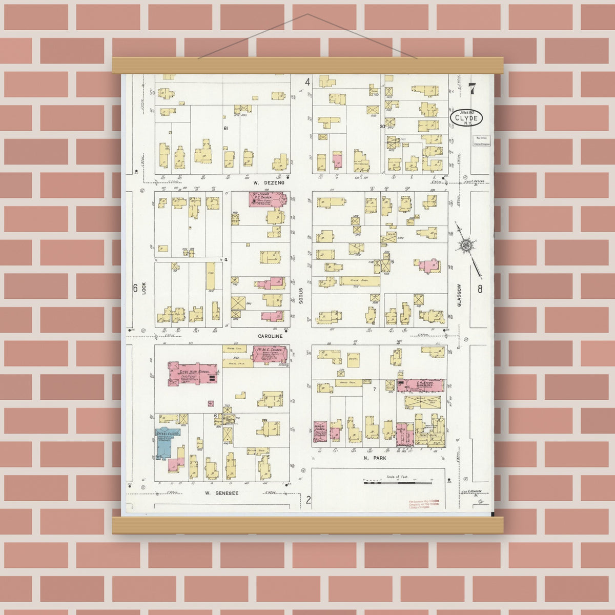 Old map wall art mockup — magnetic wood frame on brick wall — Sanborn Fire Insurance Map from Clyde, Wayne County, New York (1912), Sheet #0007