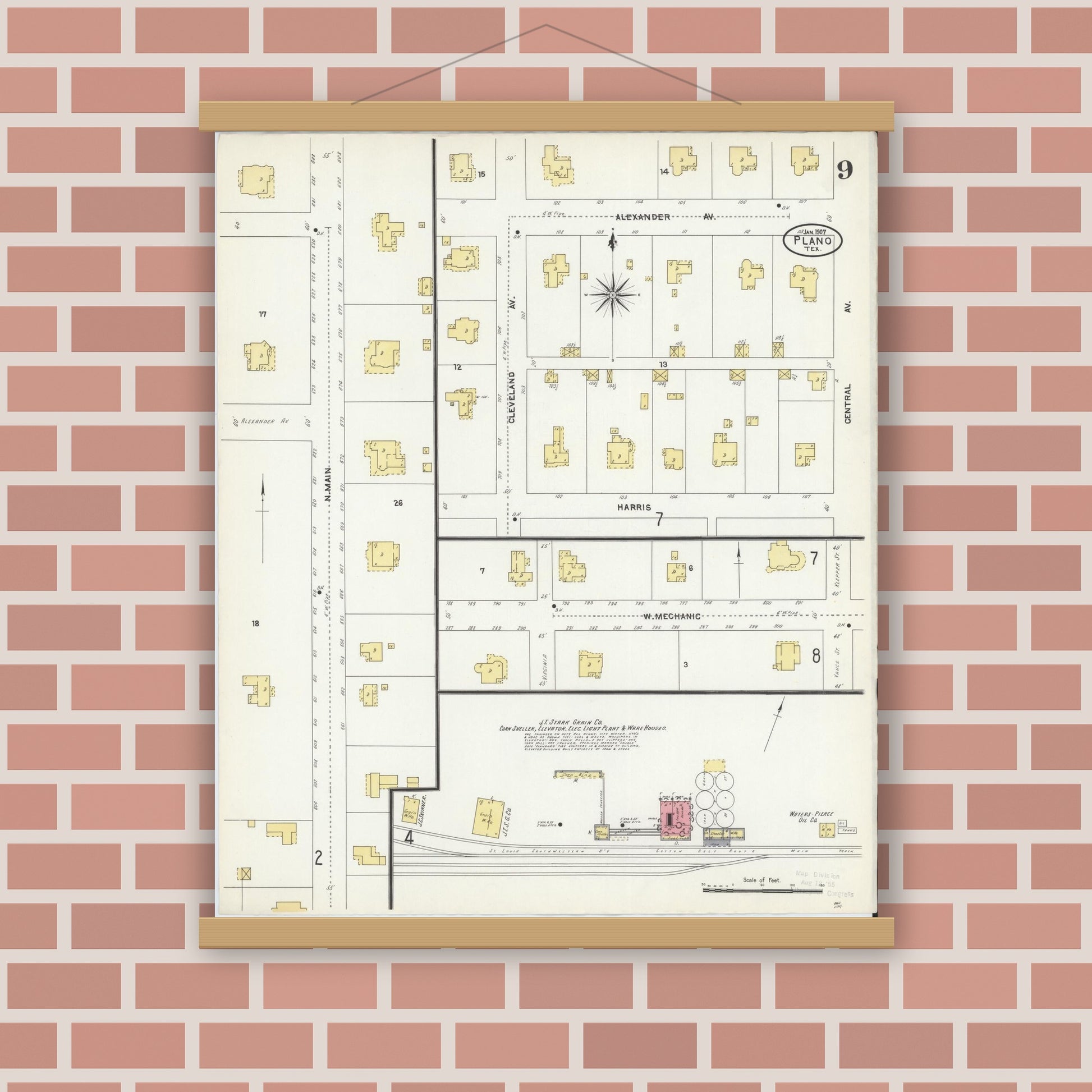 Old map wall art mockup — magnetic wood frame on brick wall — Sanborn Fire Insurance Map from Plano, Collin County, Texas (1907), Sheet #0009
