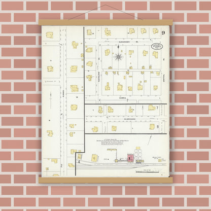 Old map wall art mockup — magnetic wood frame on brick wall — Sanborn Fire Insurance Map from Plano, Collin County, Texas (1907), Sheet #0009