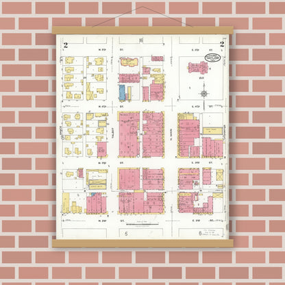 Old map wall art mockup — magnetic wood frame on brick wall — Sanborn Fire Insurance Map from Taylor, Williamson County, Texas (1923), Sheet #0002