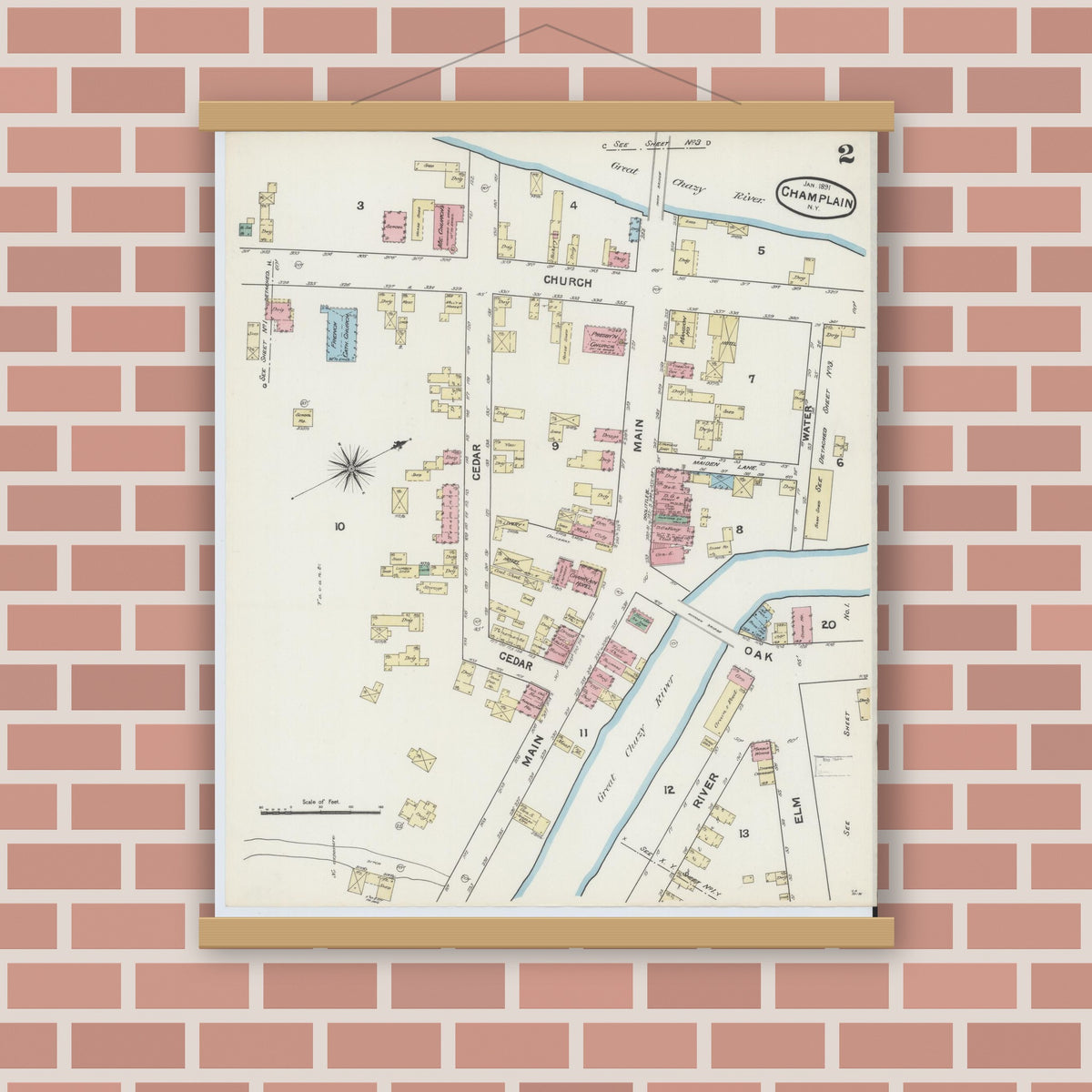 Old map wall art mockup — magnetic wood frame on brick wall — Sanborn Fire Insurance Map from Champlain, Clinton County, New York (1891), Sheet #0002