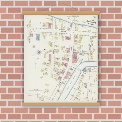 Old map wall art mockup — magnetic wood frame on brick wall — Sanborn Fire Insurance Map from Champlain, Clinton County, New York (1891), Sheet #0002