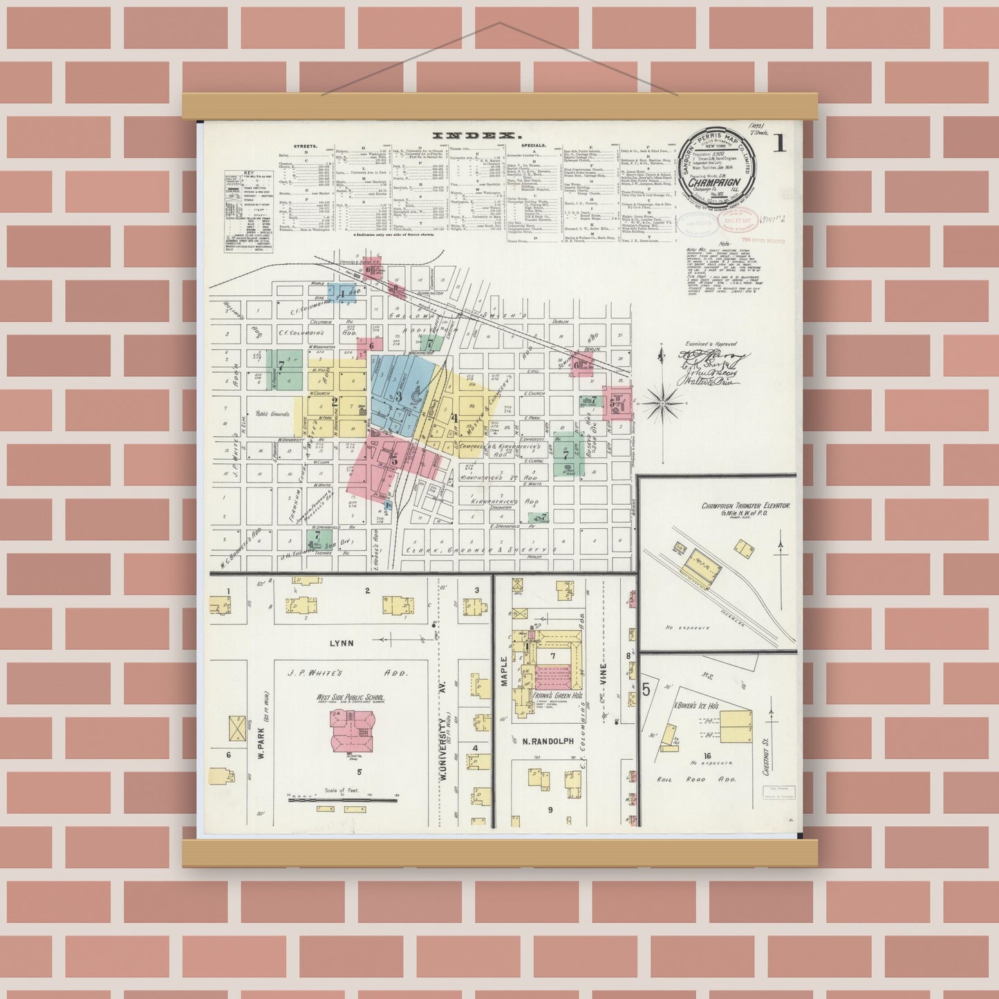 Old map wall art mockup — magnetic wood frame on brick wall — Sanborn Fire Insurance Map from Champaign, Champaign County, Illinois (1897), Sheet #0001