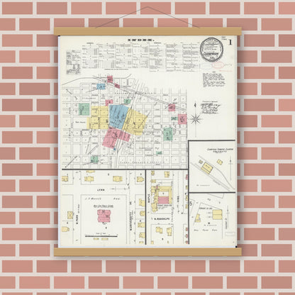 Old map wall art mockup — magnetic wood frame on brick wall — Sanborn Fire Insurance Map from Champaign, Champaign County, Illinois (1897), Sheet #0001