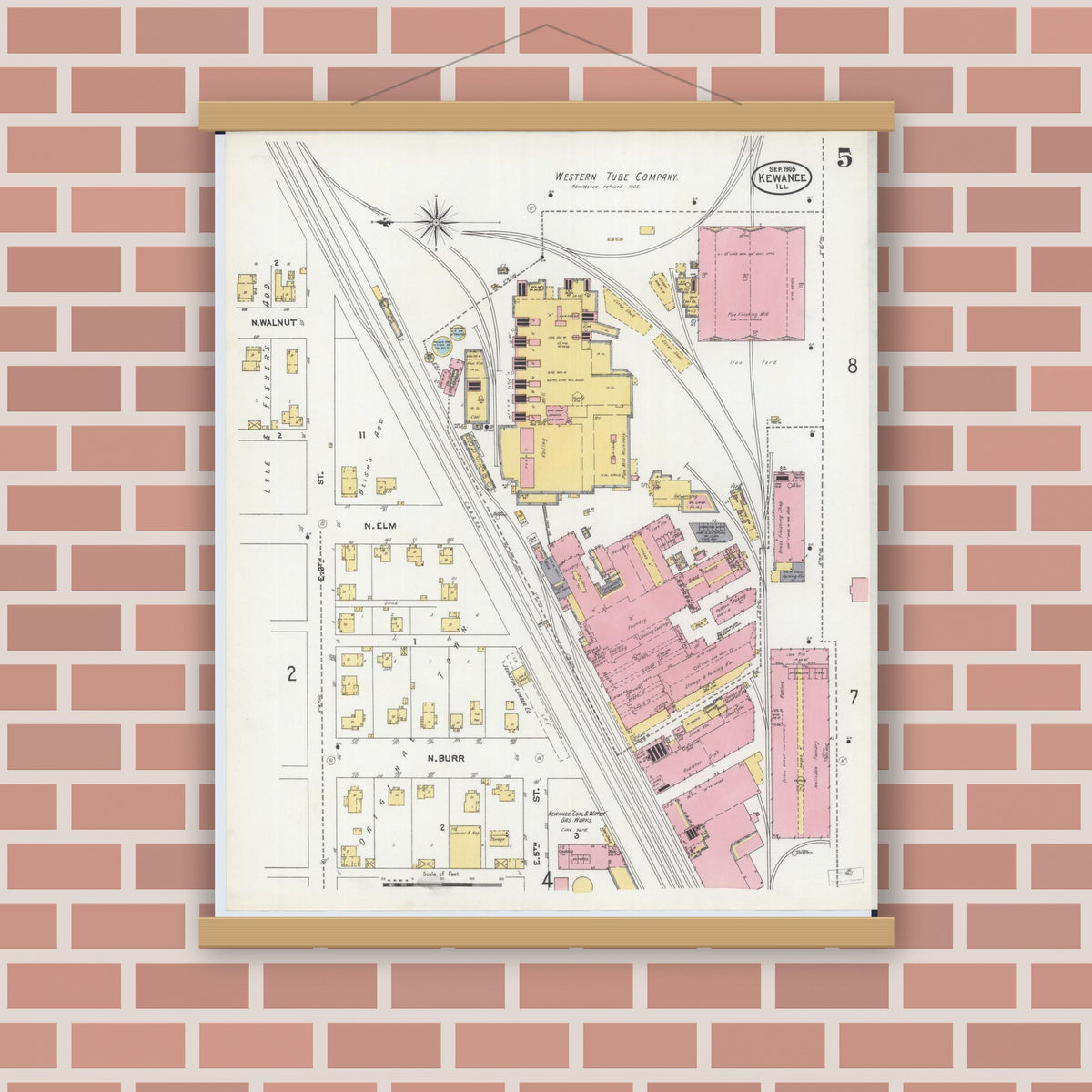 Old map wall art mockup — magnetic wood frame on brick wall — Sanborn Fire Insurance Map from Kewanee, Henry County, Illinois (1905), Sheet #0005