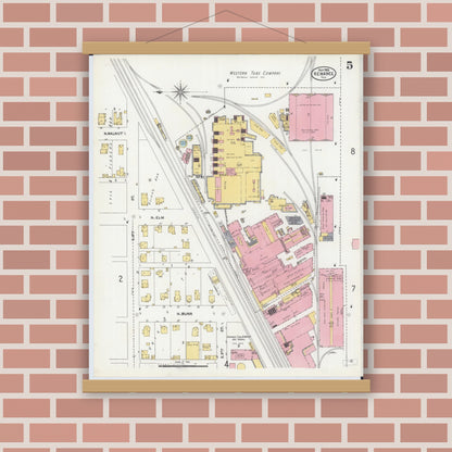 Old map wall art mockup — magnetic wood frame on brick wall — Sanborn Fire Insurance Map from Kewanee, Henry County, Illinois (1905), Sheet #0005
