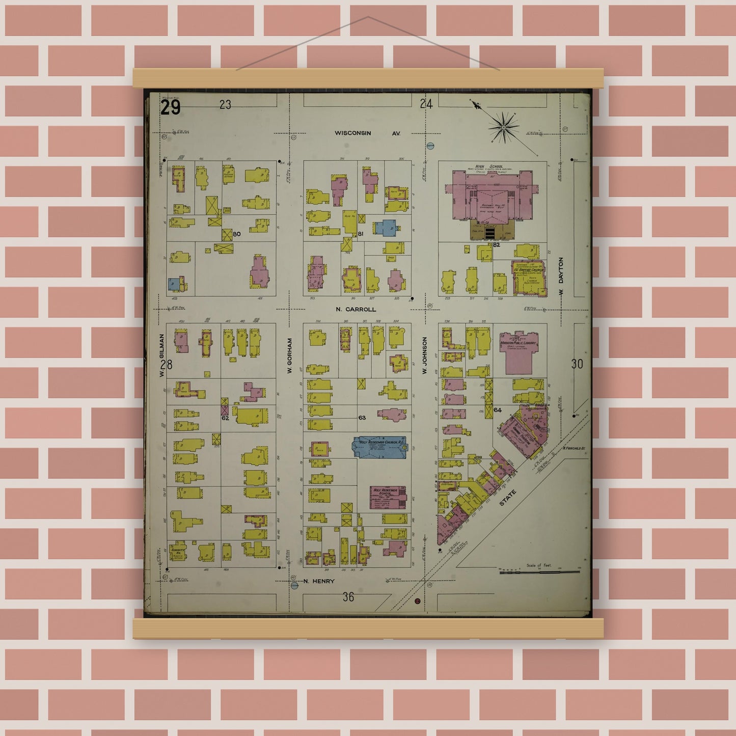 Old map wall art mockup — magnetic wood frame on brick wall — Sanborn Fire Insurance Map from Madison, Dane County, Wisconsin (1908), Sheet #0029