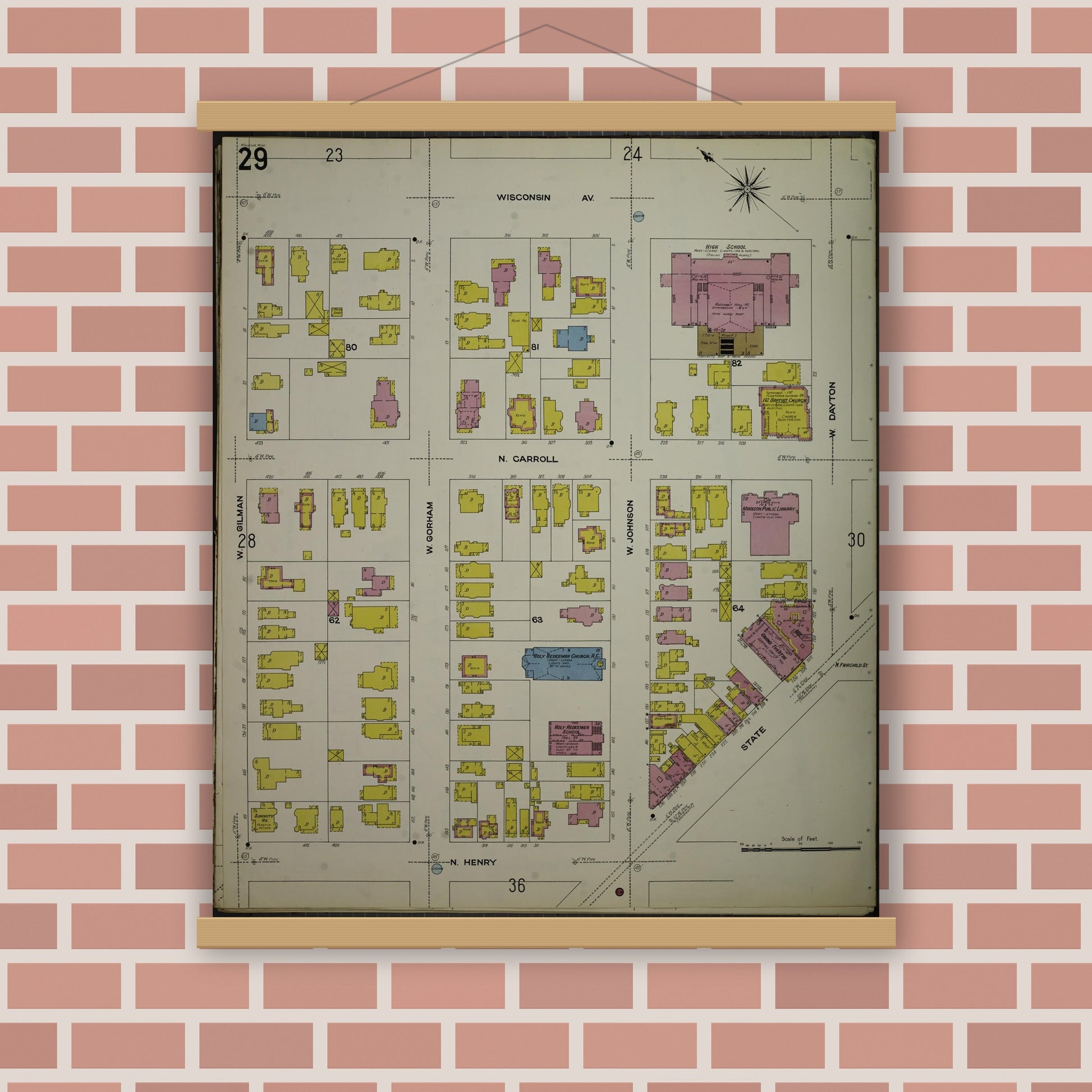 Old map wall art mockup — magnetic wood frame on brick wall — Sanborn Fire Insurance Map from Madison, Dane County, Wisconsin (1908), Sheet #0029