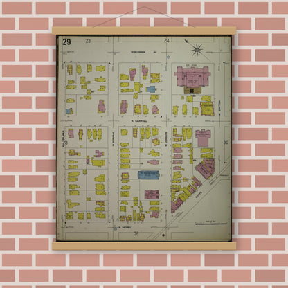 Old map wall art mockup — magnetic wood frame on brick wall — Sanborn Fire Insurance Map from Madison, Dane County, Wisconsin (1908), Sheet #0029