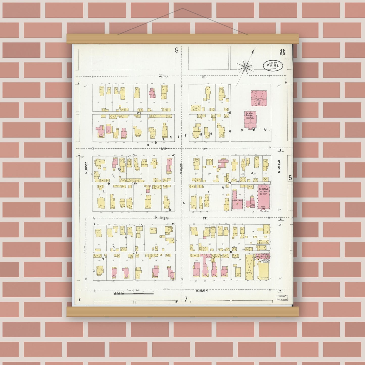 Old map wall art mockup — magnetic wood frame on brick wall — Sanborn Fire Insurance Map from Peru, Miami County, Indiana (1899), Sheet #0008