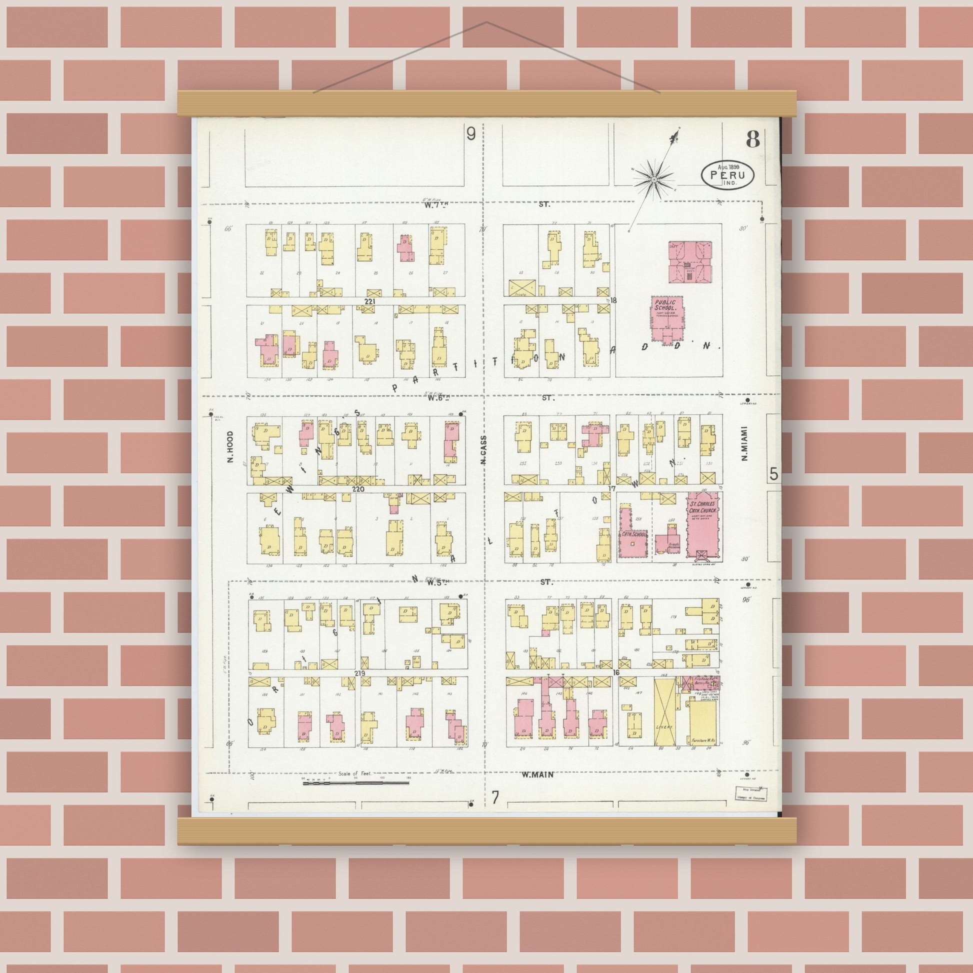 Old map wall art mockup — magnetic wood frame on brick wall — Sanborn Fire Insurance Map from Peru, Miami County, Indiana (1899), Sheet #0008
