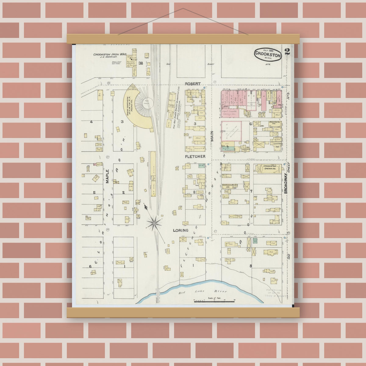 Old map wall art mockup — magnetic wood frame on brick wall — Sanborn Fire Insurance Map from Crookston, Polk County, Minnesota (1890), Sheet #0002