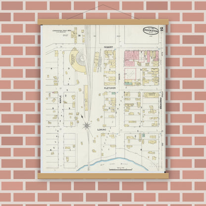 Old map wall art mockup — magnetic wood frame on brick wall — Sanborn Fire Insurance Map from Crookston, Polk County, Minnesota (1890), Sheet #0002