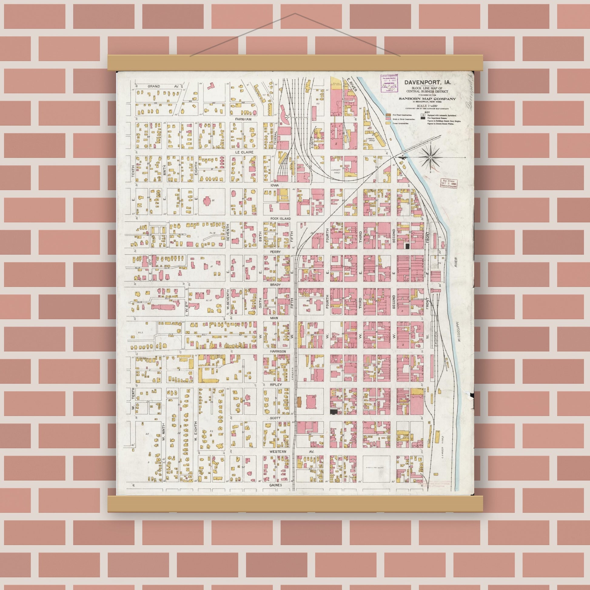 Old map wall art mockup — magnetic wood frame on brick wall — Sanborn Fire Insurance Map from Davenport, Scott County, Iowa (1906), Sheet #0001