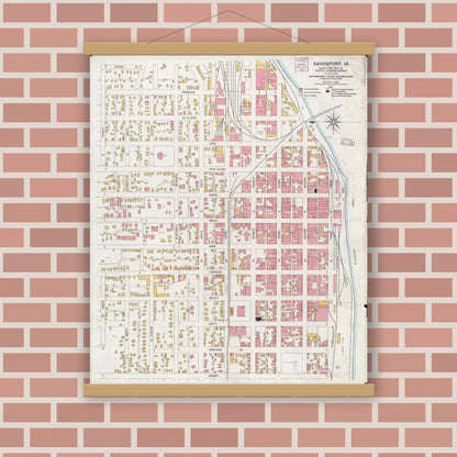 Old map wall art mockup — magnetic wood frame on brick wall — Sanborn Fire Insurance Map from Davenport, Scott County, Iowa (1906), Sheet #0001