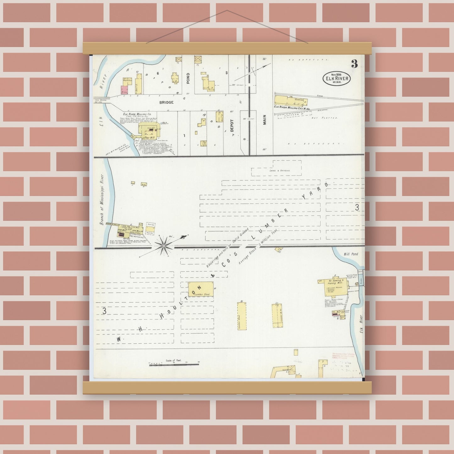 Old map wall art mockup — magnetic wood frame on brick wall — Sanborn Fire Insurance Map from Elk River, Sherburne County, Minnesota (1899), Sheet #0003