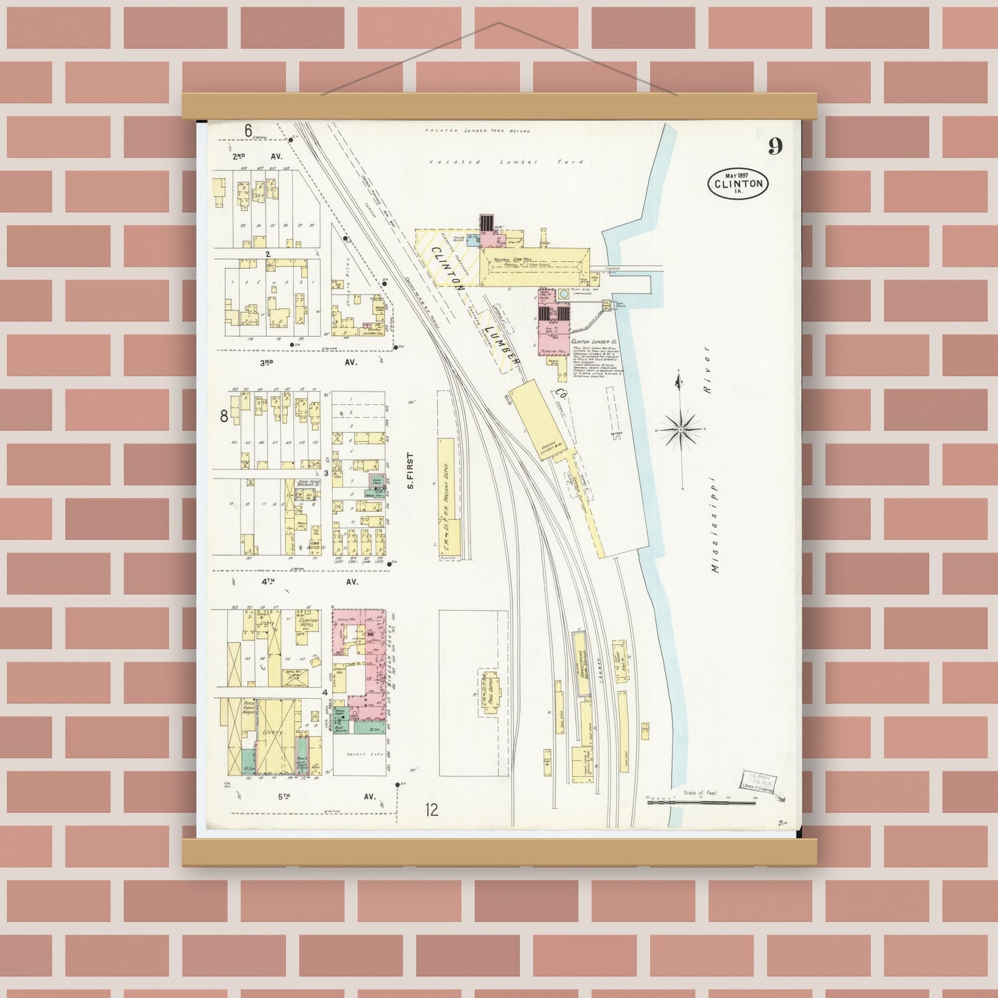 Old map wall art mockup — magnetic wood frame on brick wall — Sanborn Fire Insurance Map from Clinton, Clinton County, Iowa (1897), Sheet #0009