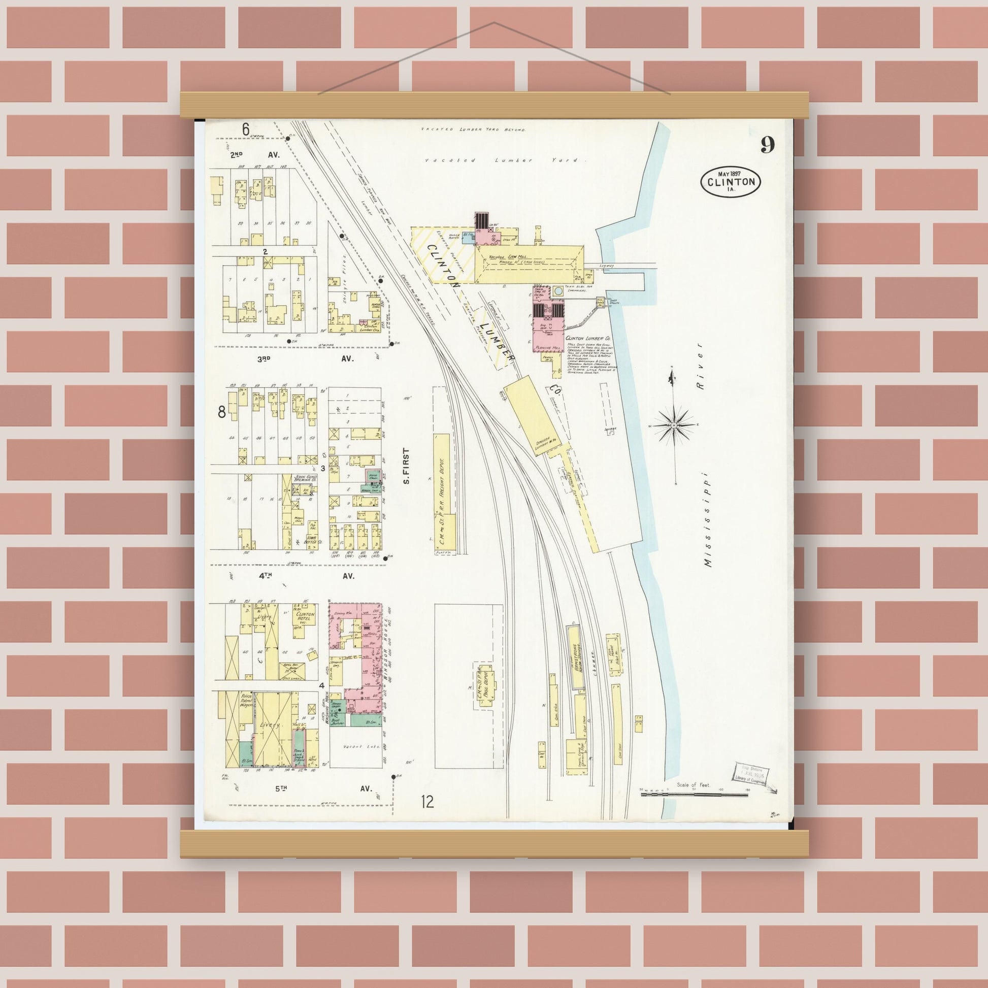 Old map wall art mockup — magnetic wood frame on brick wall — Sanborn Fire Insurance Map from Clinton, Clinton County, Iowa (1897), Sheet #0009