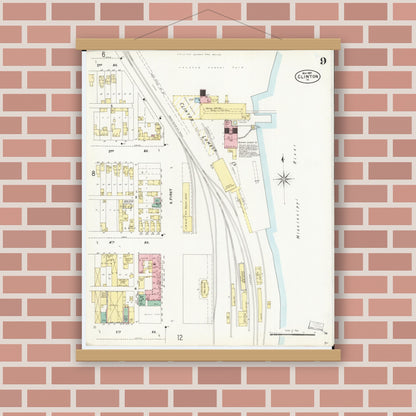 Old map wall art mockup — magnetic wood frame on brick wall — Sanborn Fire Insurance Map from Clinton, Clinton County, Iowa (1897), Sheet #0009