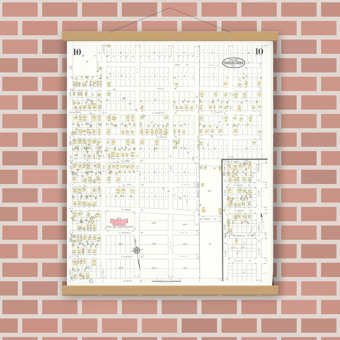 Old map wall art mockup — magnetic wood frame on brick wall — Sanborn Fire Insurance Map from Goose Creek, Harris County, Texas (1931), Sheet #0010