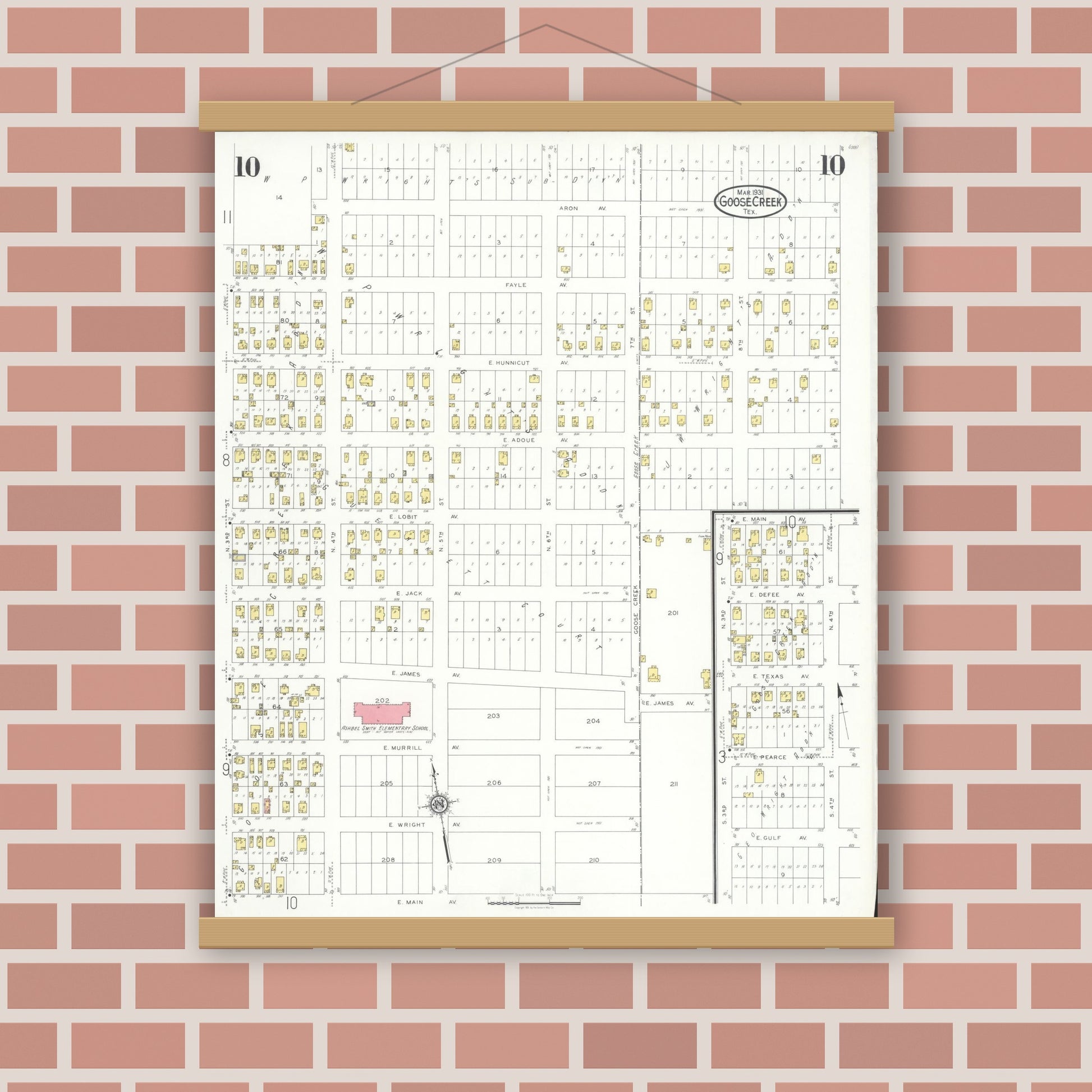 Old map wall art mockup — magnetic wood frame on brick wall — Sanborn Fire Insurance Map from Goose Creek, Harris County, Texas (1931), Sheet #0010